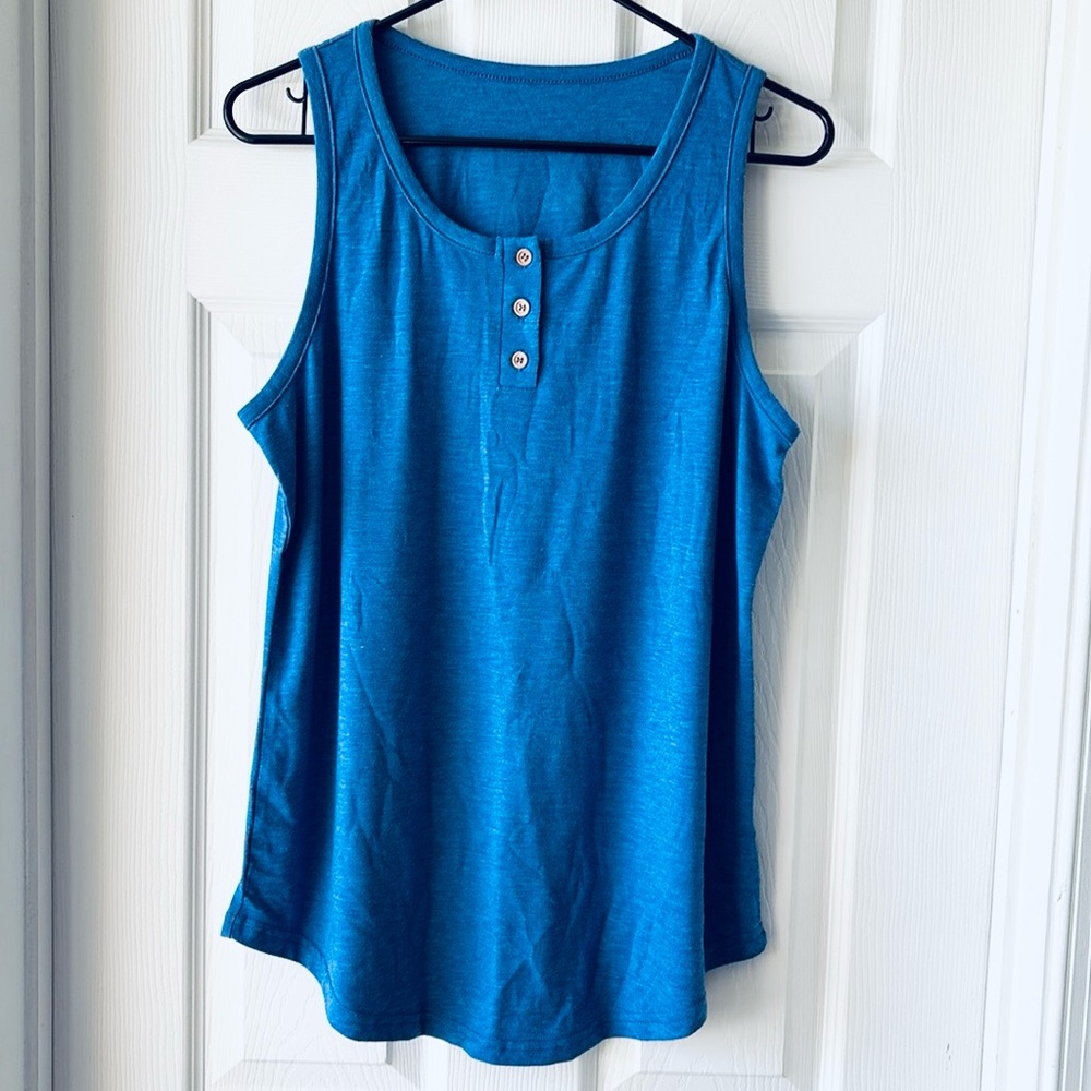 Sleeveless Scoop Neck Henley Button Up Tank Top - Blue